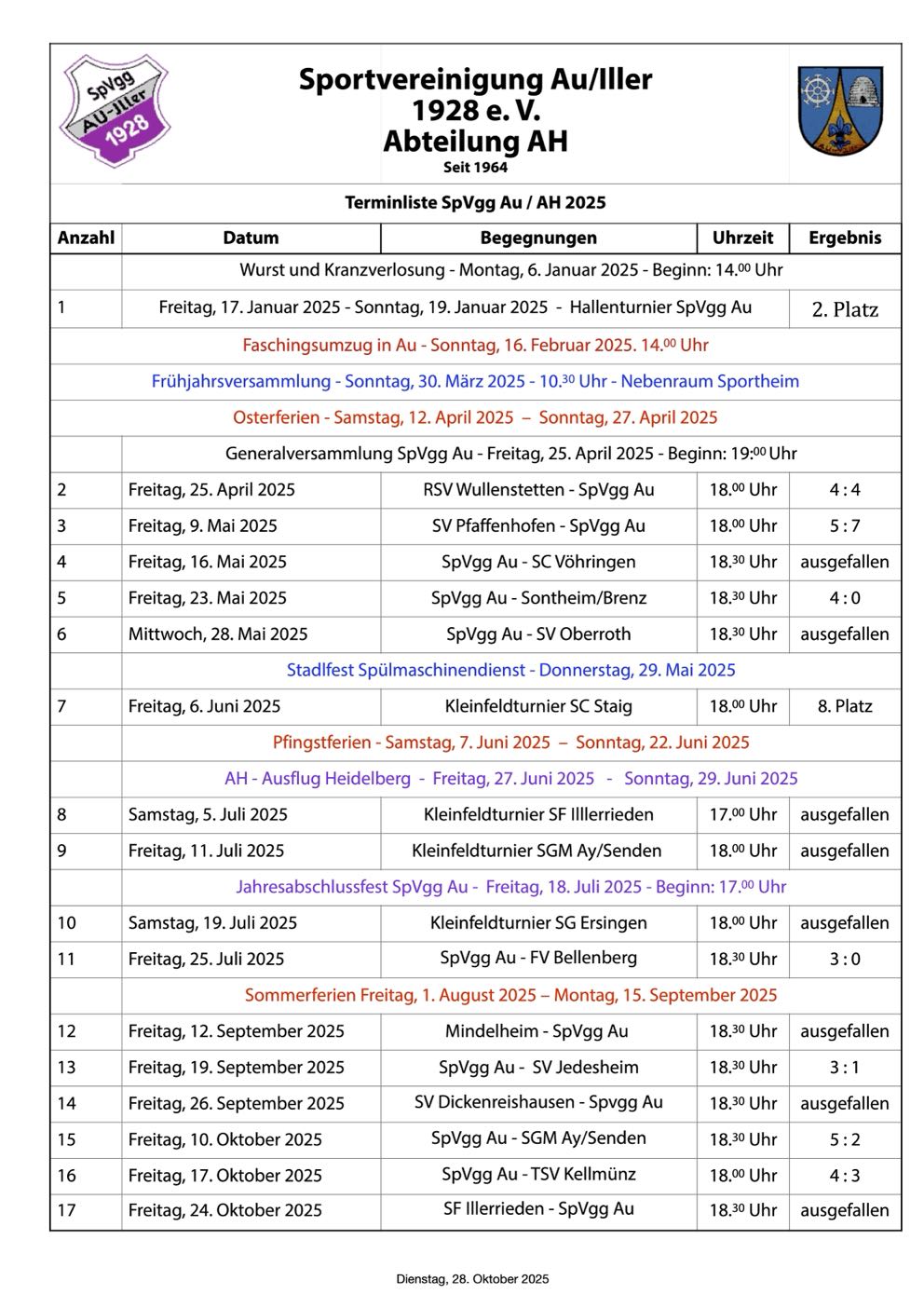 Spielplan 23.10.2025 Terminliste 2025